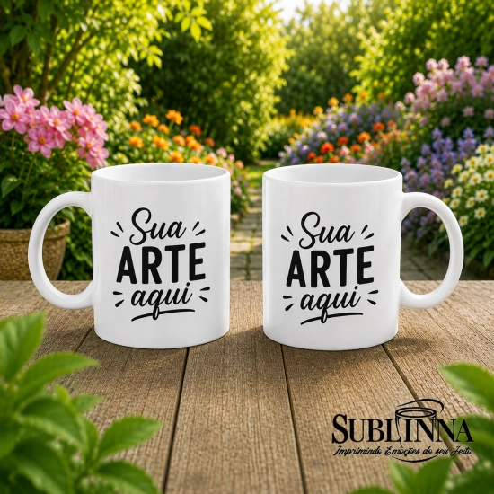 Imagem promocional com duas canecas brancas de 325ml para sublimação sobre mesa de madeira em um jardim florido, com a frase “Sua Arte Aqui” estampada nas canecas e logo da Sublinna no canto inferior direito.